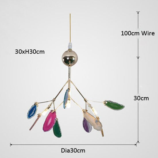 Modern crystal LED chandelier with metallic sphere, colorful crystal leaves, 30 cm diameter, 100 cm hanging wire.