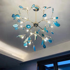Colorful modern crystal LED chandelier with blue and white agate slices, branching arms, glowing lights.