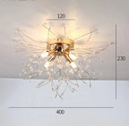 Branching crystal-bead LED chandelier with four exposed bulbs; 120mm height, 230mm base, 400mm width.