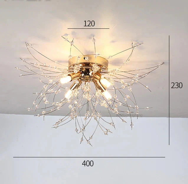 Branching crystal-bead LED chandelier with four exposed bulbs; 120mm height, 230mm base, 400mm width.