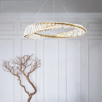 Maison Ornate Modern Crystal Chandelier with hanging rings, featuring elegant, intricate crystal accents.