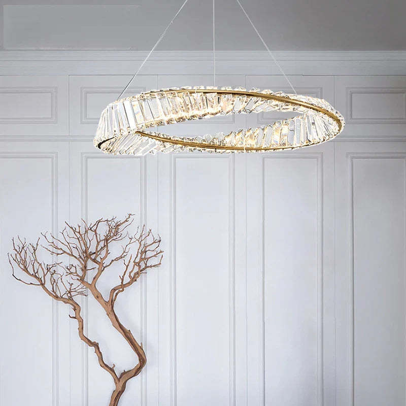 Maison Ornate Modern Crystal Chandelier with hanging rings, featuring elegant, intricate crystal accents.
