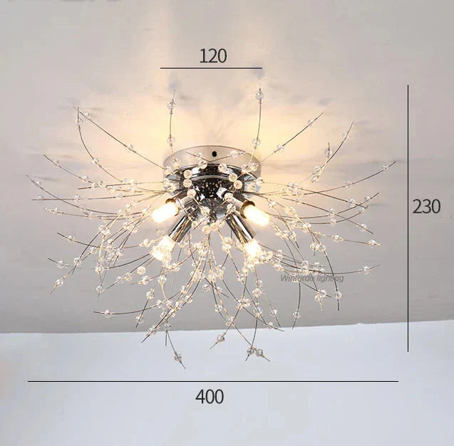 Elegant crystal branch chandelier with silver branches, exposed bulbs, 400 mm wide, 230 mm tall.