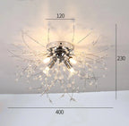Elegant crystal branch chandelier with silver branches, exposed bulbs, 400 mm wide, 230 mm tall.