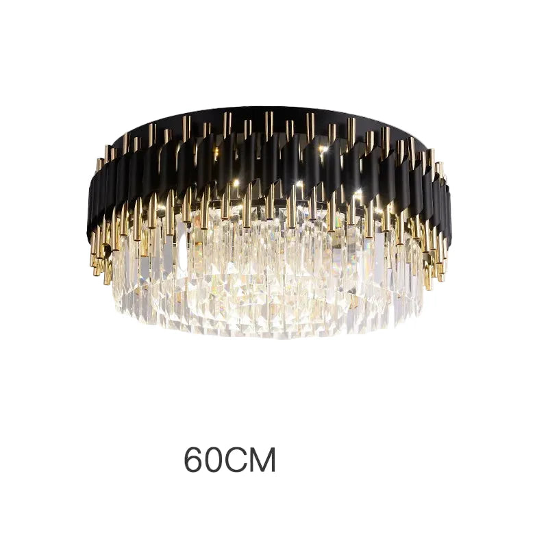 Black and gold chandelier with hanging crystals, modern LED-lit design, 60 cm diameter.