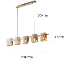 Scandinavian crystal chandelier with five cylindrical lights on a rectangular base, suspended by adjustable cords.