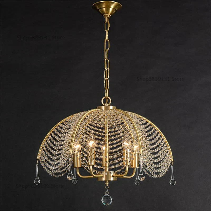Maison Ornate Nordic gold and copper chandelier with five candle bulbs and crystal accents.