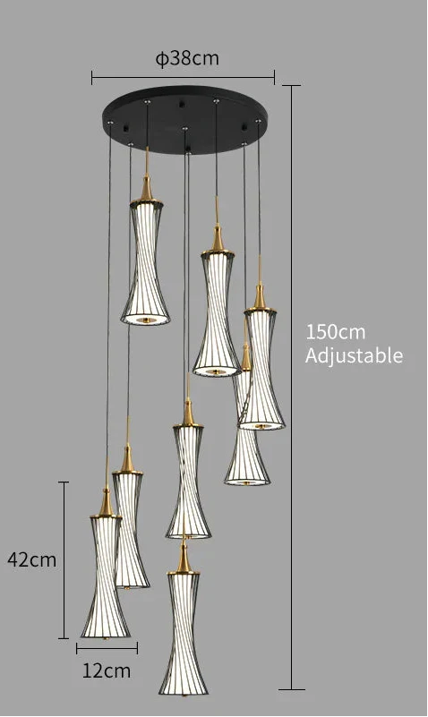 Modern LED chandelier with seven pendants, gold accents, black stripes, white hourglass shades. Adjustable length.