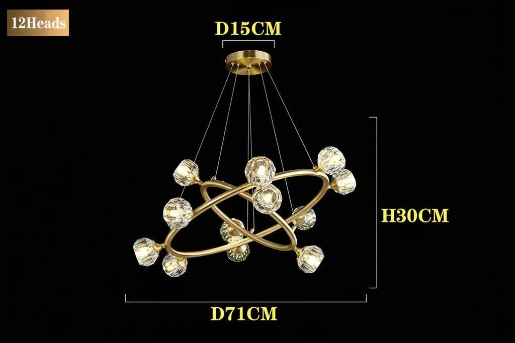 Maison Ornate minimalist chandelier with 12 crystal glass heads, gold rings, and sleek black wires.