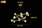 Maison Ornate minimalist chandelier with 12 crystal glass heads, gold rings, and sleek black wires.