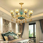 Maison Ornate Baroque Crystal and Ceramic Chandelier featuring detailed gold and turquoise accents.