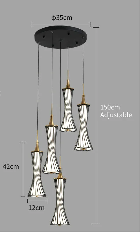 Modern LED crystal chandelier with five black and gold hourglass lamps, adjustable hanging length.