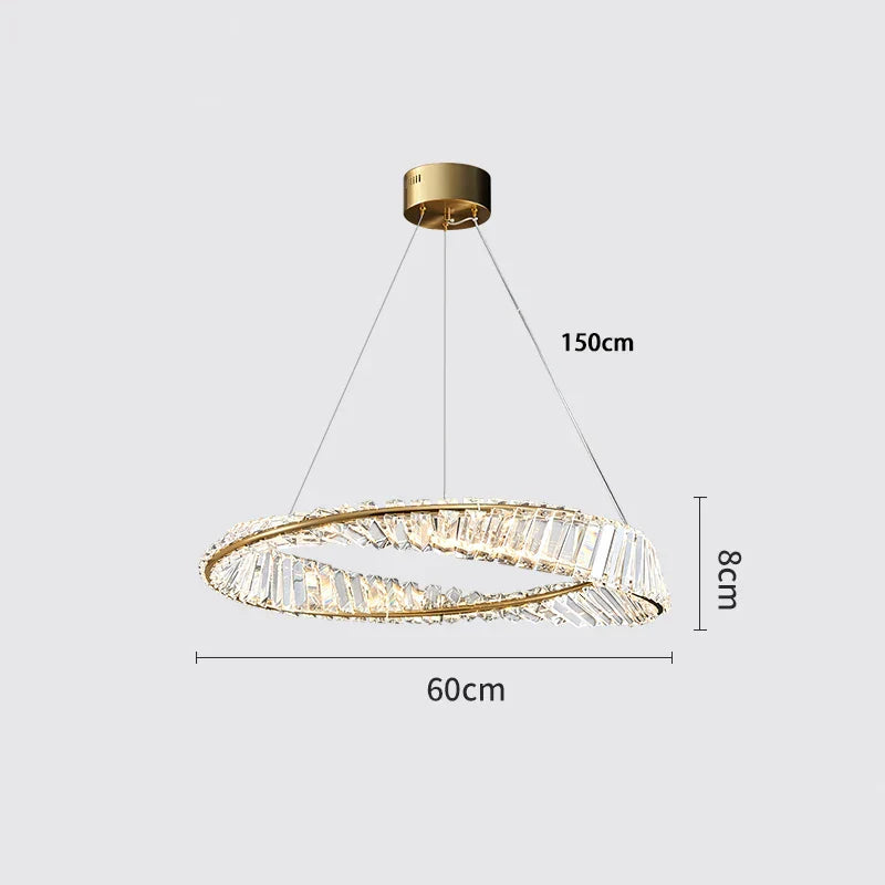 Oval gold modern crystal chandelier with LED lights, hanging rings, and three-wire suspension. 60x8cm.