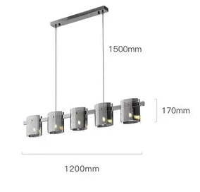 Rectangular LED chandelier with five cylindrical crystal shades, suspended by two cords; elegant, modern design.