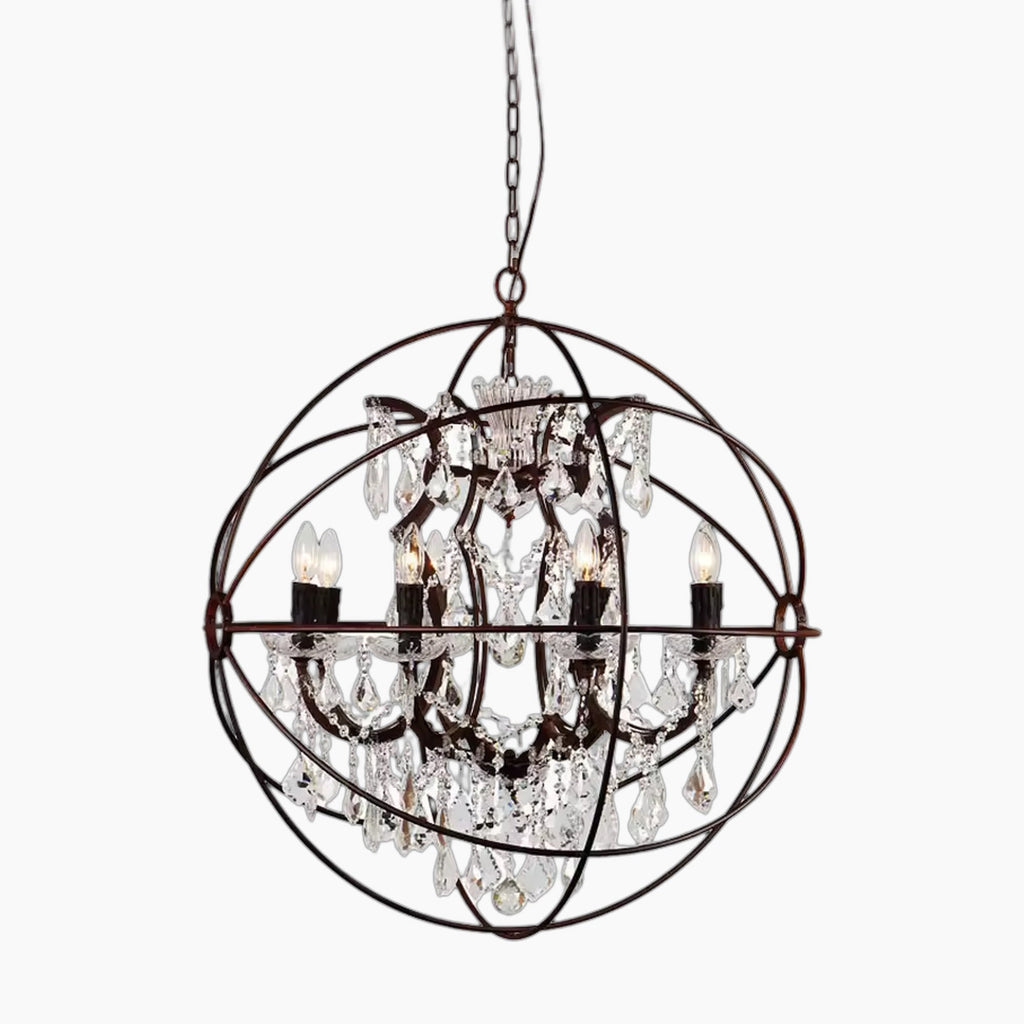 Ornate American industrial chandelier with candle lights, crystal pendants, in a spherical birdcage iron frame.
