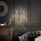 Maison Ornate’s Crystal Chandelier: minimalist copper K9 design, elegant crystal detailing, bedroom statement lighting.