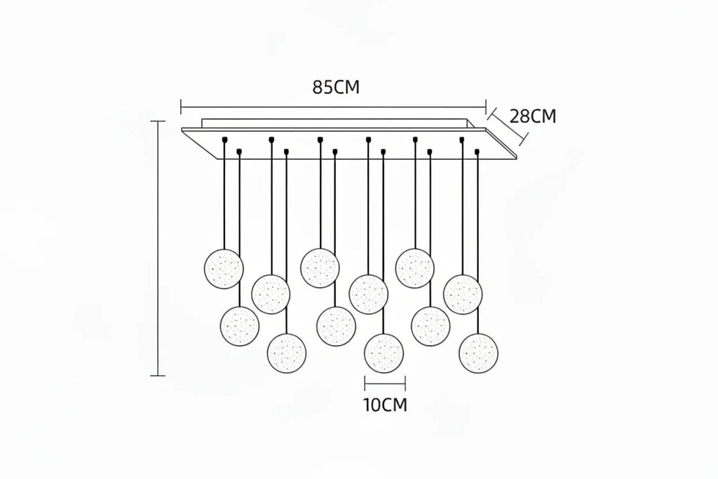 Nordic crystal chandelier with 10 globe bulbs, rectangular LED fixture, cord suspension, 85x28 cm.