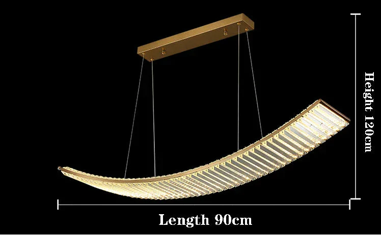 Modern gold crystal chandelier with curved design, four-wire suspension, rectangular mount, 90 cm length.