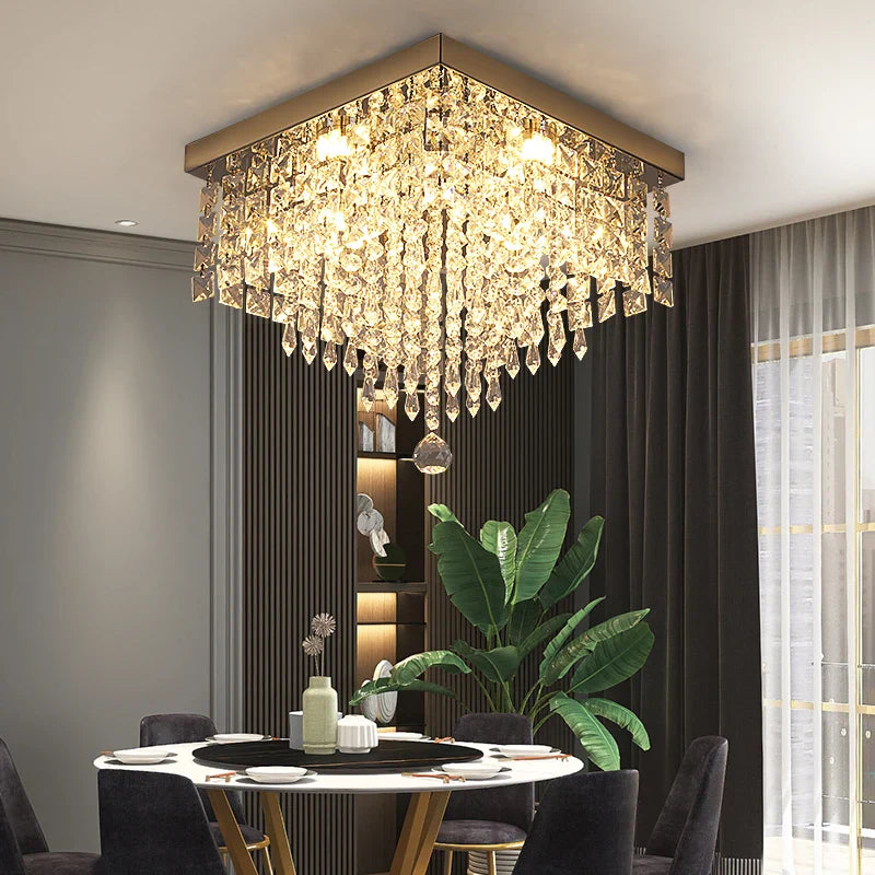 Maison Ornate Modern Square LED Crystal Hallway Chandelier with sparkling crystals and sleek, contemporary frame.