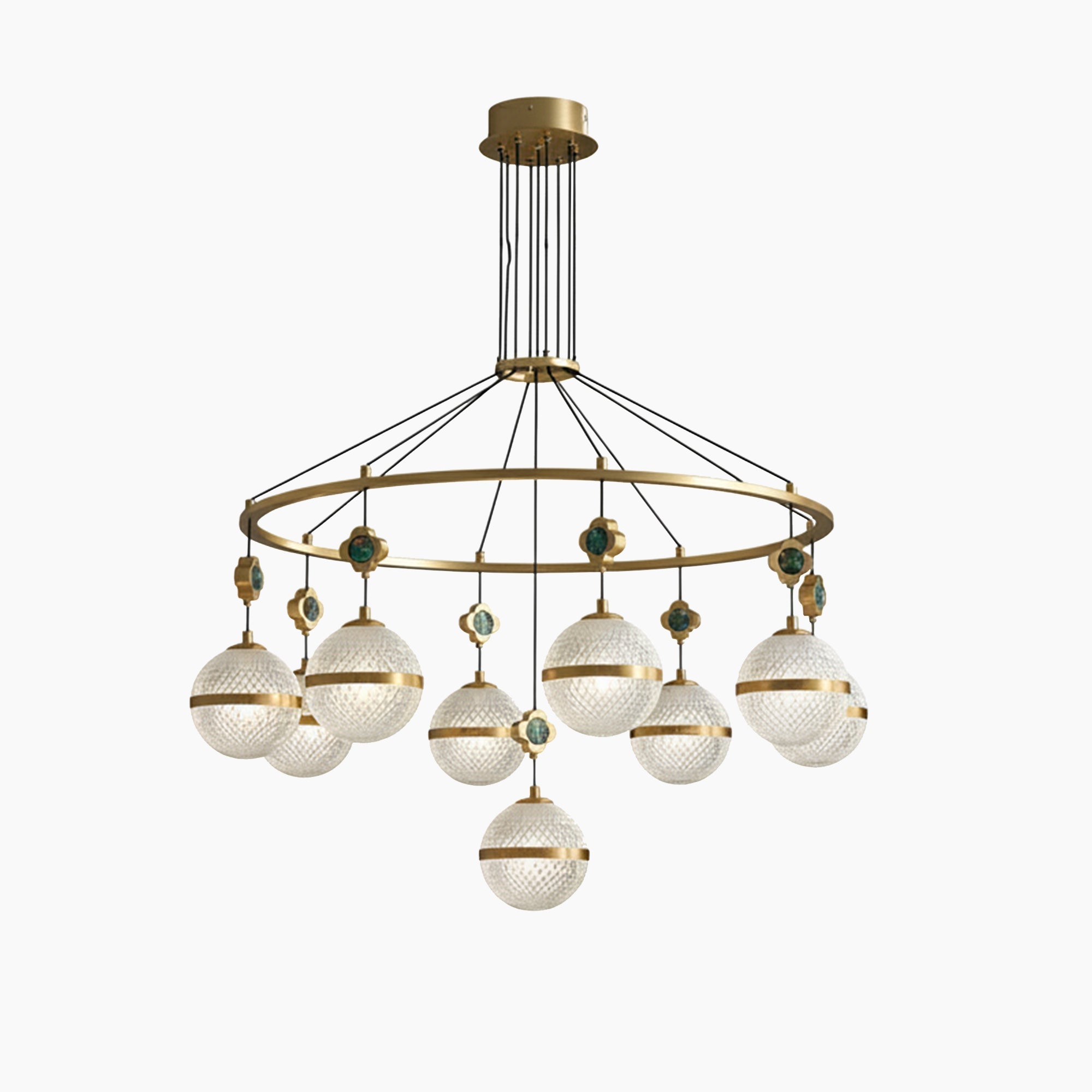 Gold circular chandelier with nine textured glass globes, gold and green accents, black cord suspension.