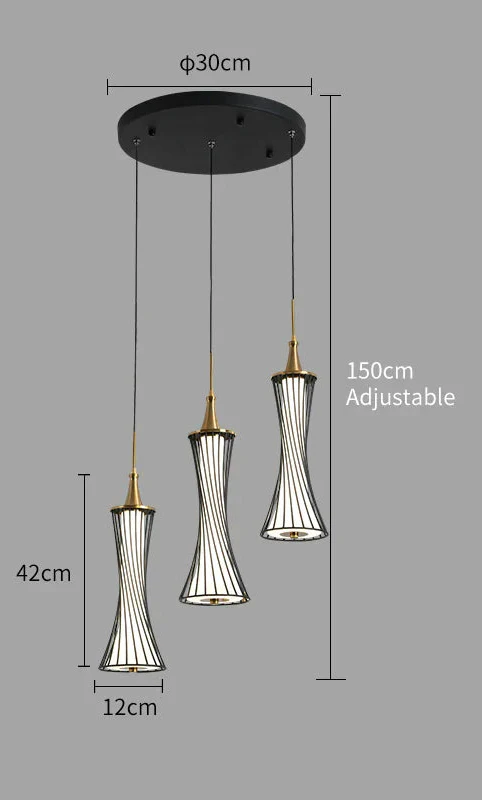 Modern black and gold LED crystal chandelier with three wireframe pendants on a round mount.