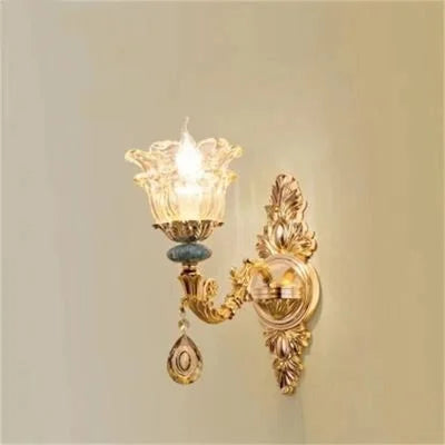 Baroque crystal and ceramic chandelier with floral glass shade, blue accents, and teardrop crystal pendant.