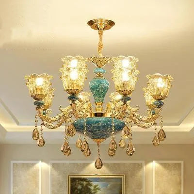 Maison Ornate Baroque Chandelier with six glass lampshades, crystal drops, and detailed ceramic accents.