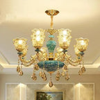 Maison Ornate Baroque Chandelier with six glass lampshades, crystal drops, and detailed ceramic accents.