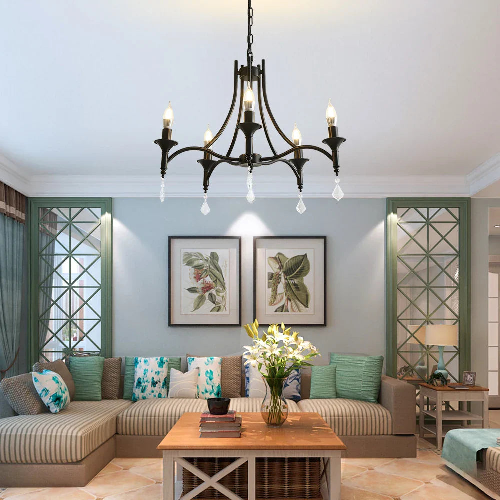 Maison Ornate Industrial Crystal Chandelier, Iron Forged 5-Head E14 with sparkling crystal accents.