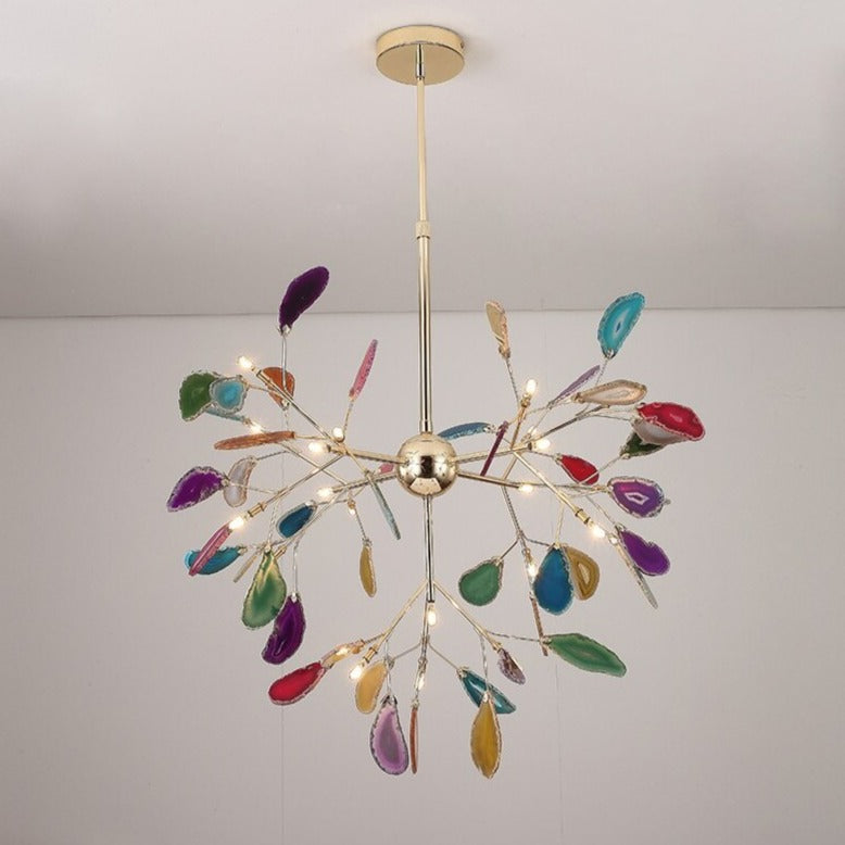 Colorful crystal LED chandelier with gold branches, flower-shaped, vibrant glass leaves in multiple colors.