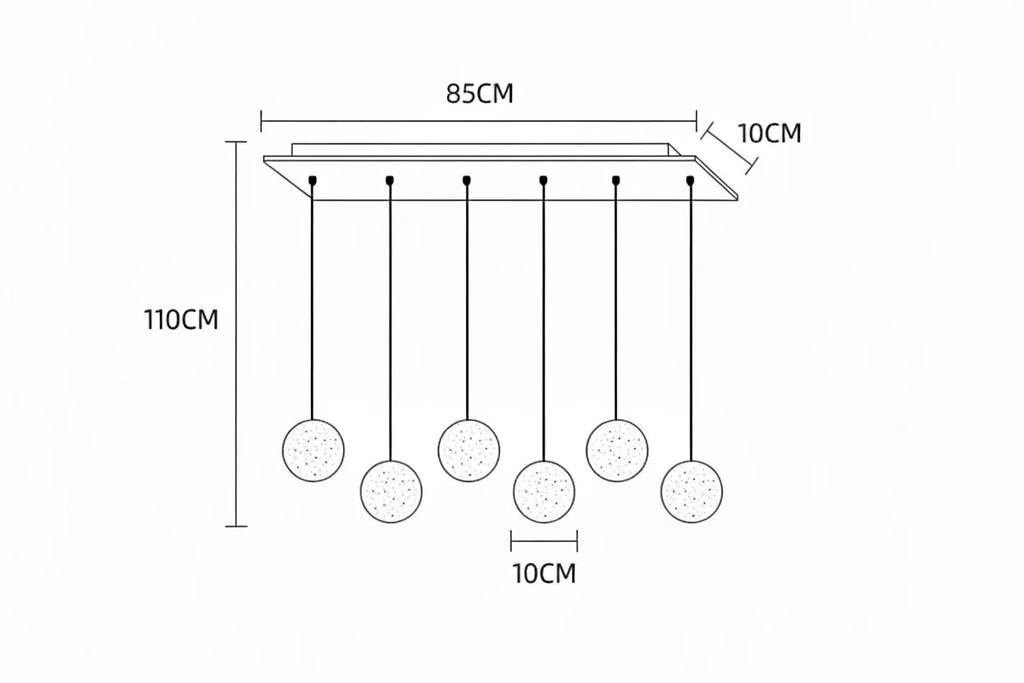 Line drawing of Nordic crystal chandelier: rectangular LED, six globe pendants, labeled measurements.