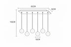 Line drawing of Nordic crystal chandelier: rectangular LED, six globe pendants, labeled measurements.