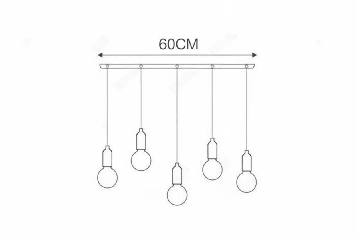 Line drawing of Maison Ornate Postmodern Crystal LED Chandelier, five varied glass bulbs on bar.
