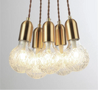 Diamond-patterned glass chandelier with five gold-socket bulbs on brown cords, stylish and modern.