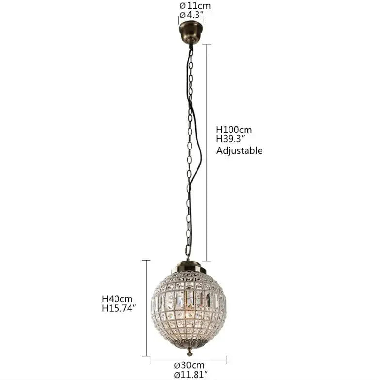 Vintage Empire-style crystal glass chandelier with spherical pendant, LED lighting, adjustable hanging length.