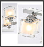 Maison Ornate Modern Glass Crystal Chandelier with cylindrical glass shades, chrome accents, and glowing bulbs.