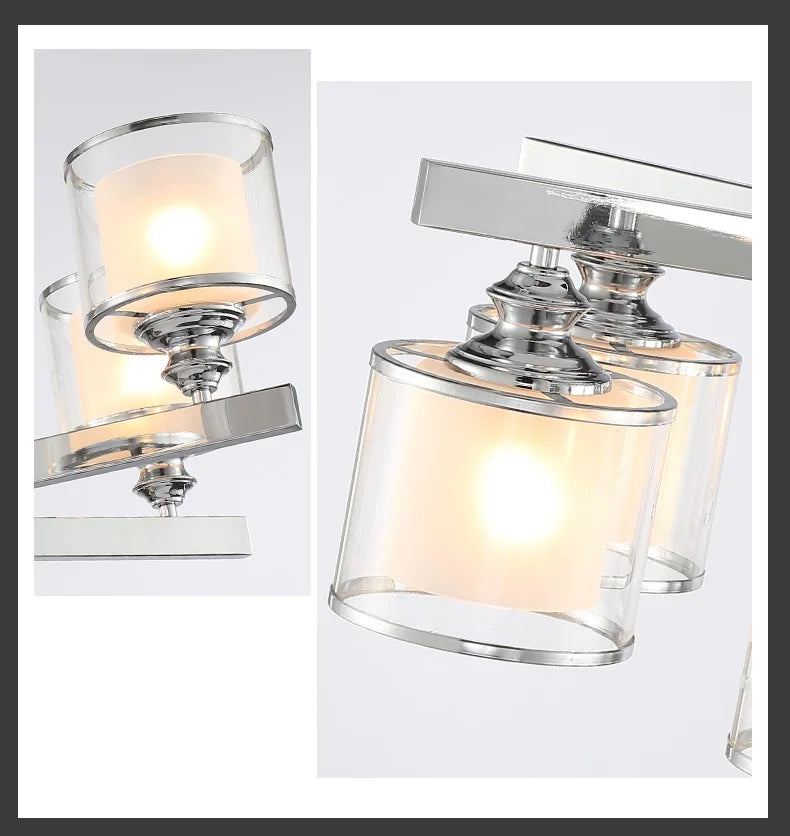 Maison Ornate Modern Glass Crystal Chandelier with cylindrical glass shades, chrome accents, and glowing bulbs.