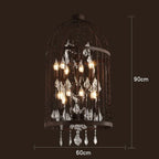 Maison Ornate Art Deco chandelier with exposed bulbs, crystal accents, black iron cage, 90x60cm.
