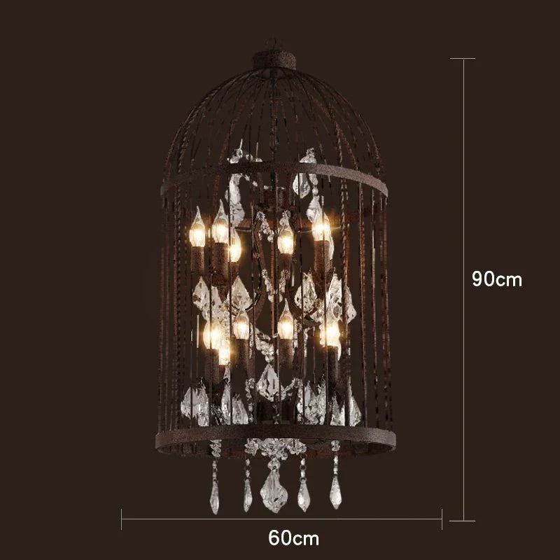 Maison Ornate Art Deco chandelier with exposed bulbs, crystal accents, black iron cage, 90x60cm.