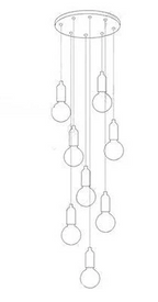 Line drawing of the Maison Ornate Postmodern LED Chandelier with eight exposed bulbs at varied lengths.