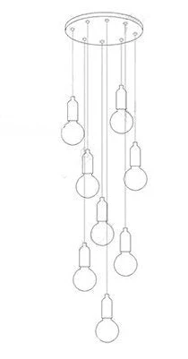 Line drawing of the Maison Ornate Postmodern LED Chandelier with eight exposed bulbs at varied lengths.