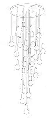 Line drawing of a postmodern crystal LED hallway chandelier with cascading multi-length pendant bulbs.