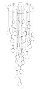Line drawing of a postmodern crystal LED hallway chandelier with cascading multi-length pendant bulbs.