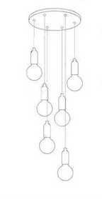 Line drawing of Maison Ornate Postmodern Crystal LED Glass Chandelier with six exposed bulbs.