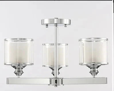Three white-lined cylindrical glass shades on a metallic frame with central vertical rod suspension.