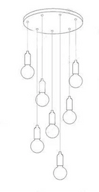 Line drawing of a postmodern chandelier with seven crystal glass bulbs suspended from a round plate.