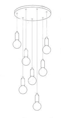 Line drawing of a postmodern chandelier with seven crystal glass bulbs suspended from a round plate.