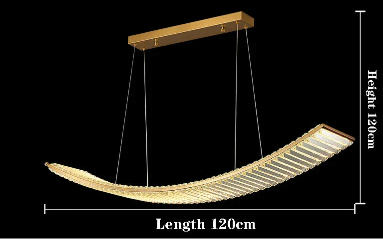 Curved gold crystal chandelier with rectangular mount and four cables, luxury modern design.