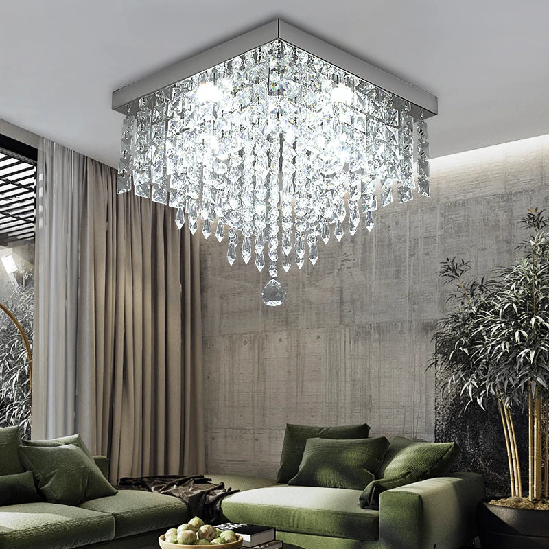 Maison Ornate Modern Square LED Crystal Hallway Chandelier sparkling overhead with intricate crystal detailing.