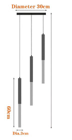 Three crystal LED cylinders of varying lengths hang from a slim, 30 cm rectangular chandelier mount.